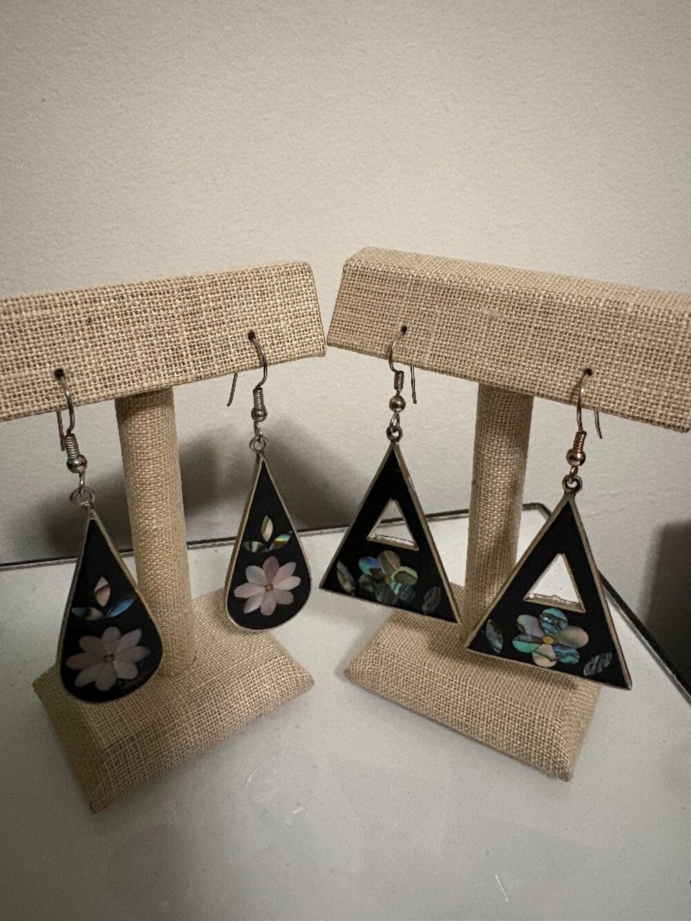 Two Pairs Vintage Shell and Abalone Inlay Earrings Pierced Ears Alpaca Mexico